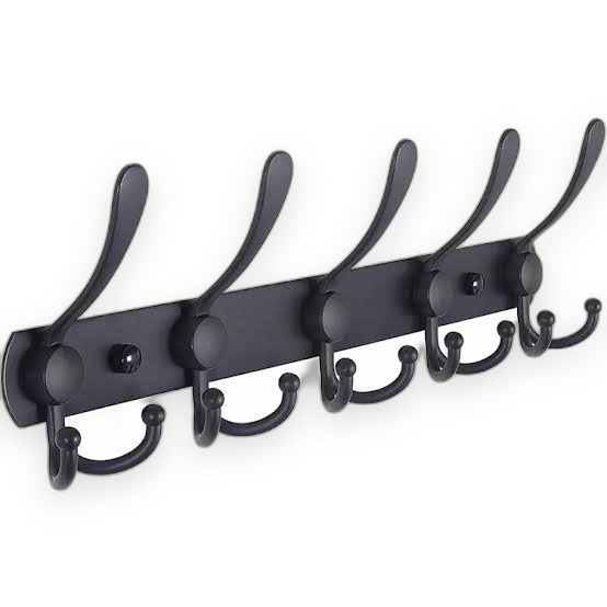Wall Mounted Clothes Hook Rail 5 Tri-Hooks Black