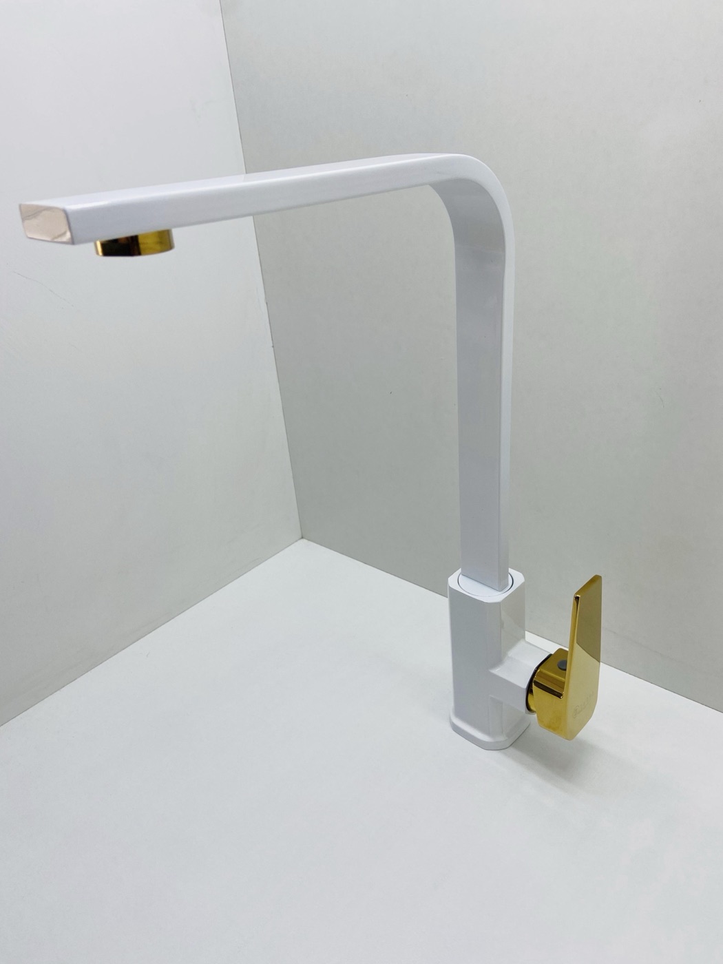 Zahra White and Gold Square High-Arc Kitchen Faucet