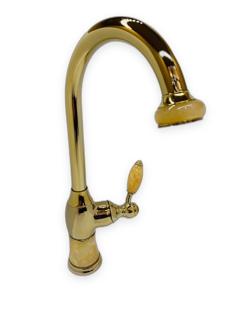 Zehra Gold Plated Gooseneck Basin Mixer Faucet with Amber Onyx Handle